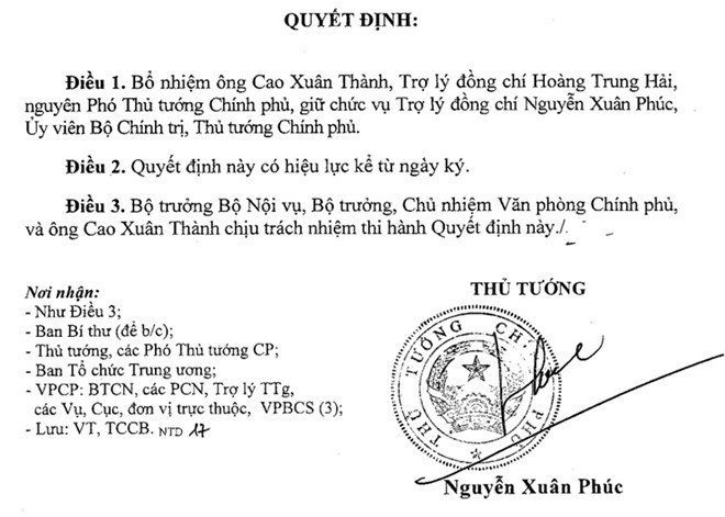 Quyết định bổ nhiệm ông Cao Xuân Thành.