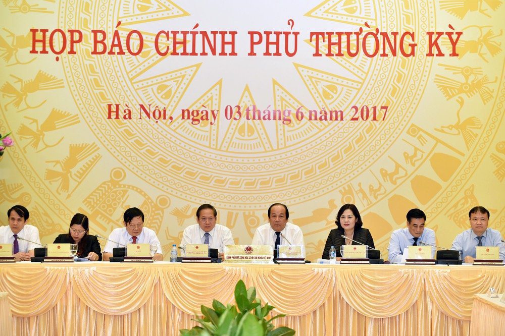Toàn cảnh phiên họp báo chính phủ thường kỳ tháng 5/2017. Ảnh: PV.