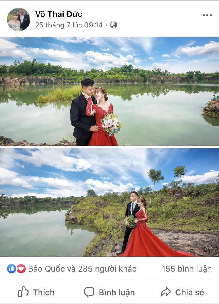 Ảnh cưới của chiến sĩ Võ Thái Ðức và cô giáo Trần Thị Hiền đăng trên fanpage Em Yêu Anh Người Lính Biên Phòng và facebook của cặp đôi thu hút khoảng 1 nghìn lượt thích và gần 300 lượt bình luận, chia sẻ của cộng đồng mạng