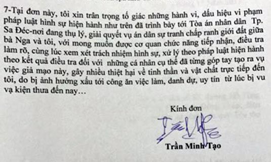 Đơn tố cáo của ông Tạo với chữ ký rối rắm khó giả mạo