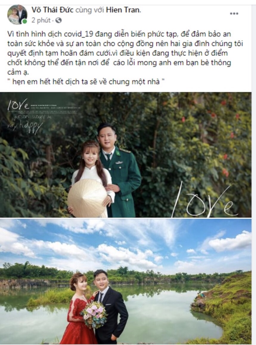 Hình 9, 10. Chàng lính trẻ Võ Thái Đức hai lần loan tin trên facebook về việc hoãn cưới, thu hút hàng trăm lượt thích, bình luận và chia sẻ của cộng đồng mạng